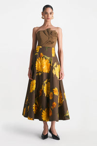 Floral Printed Cotton Parker Skirt in Chocolate Multi