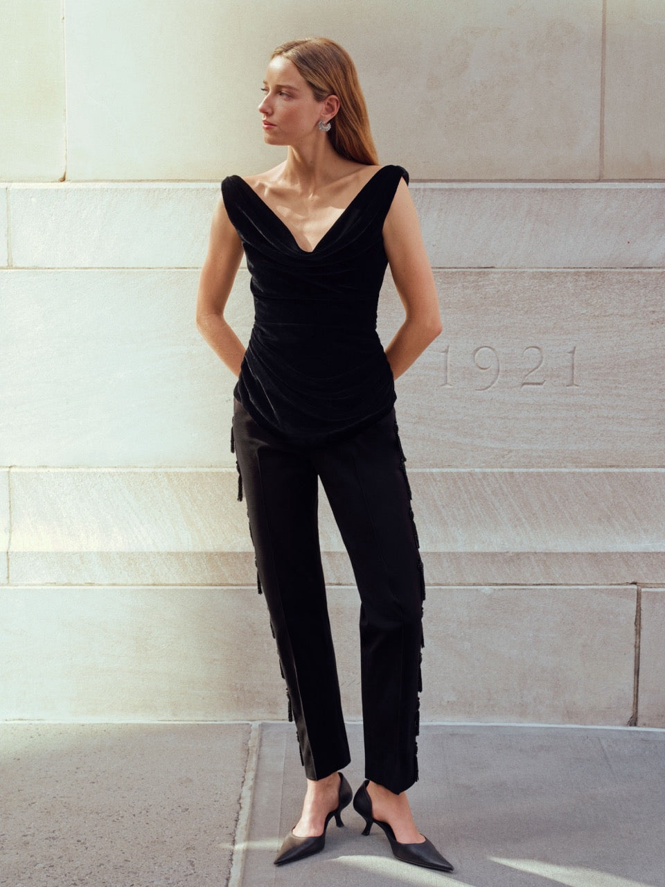 Tassel Embroidered Stretch Cotton Demi Pant in Black
