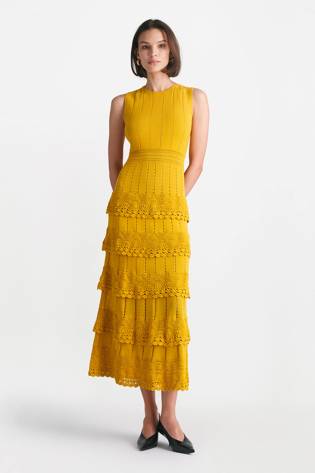 Crochet Ruffle Knit Sleeveless Piper Dress in Mustard