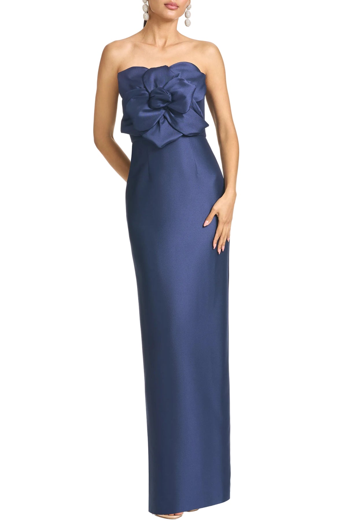 Front view of Sara Gown in Night Sky showcasing strapless column silhouette and oversized floral appliqué on white background