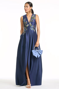 Embroidered Brooklynne Gown in Washed Indigo
