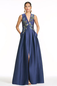 Embroidered Brooklynne Gown in Washed Indigo