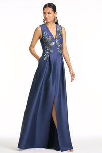 Embroidered Brooklynne Gown in Washed Indigo