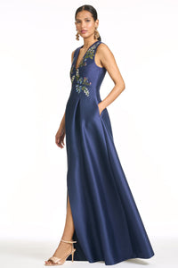 Embroidered Brooklynne Gown in Washed Indigo