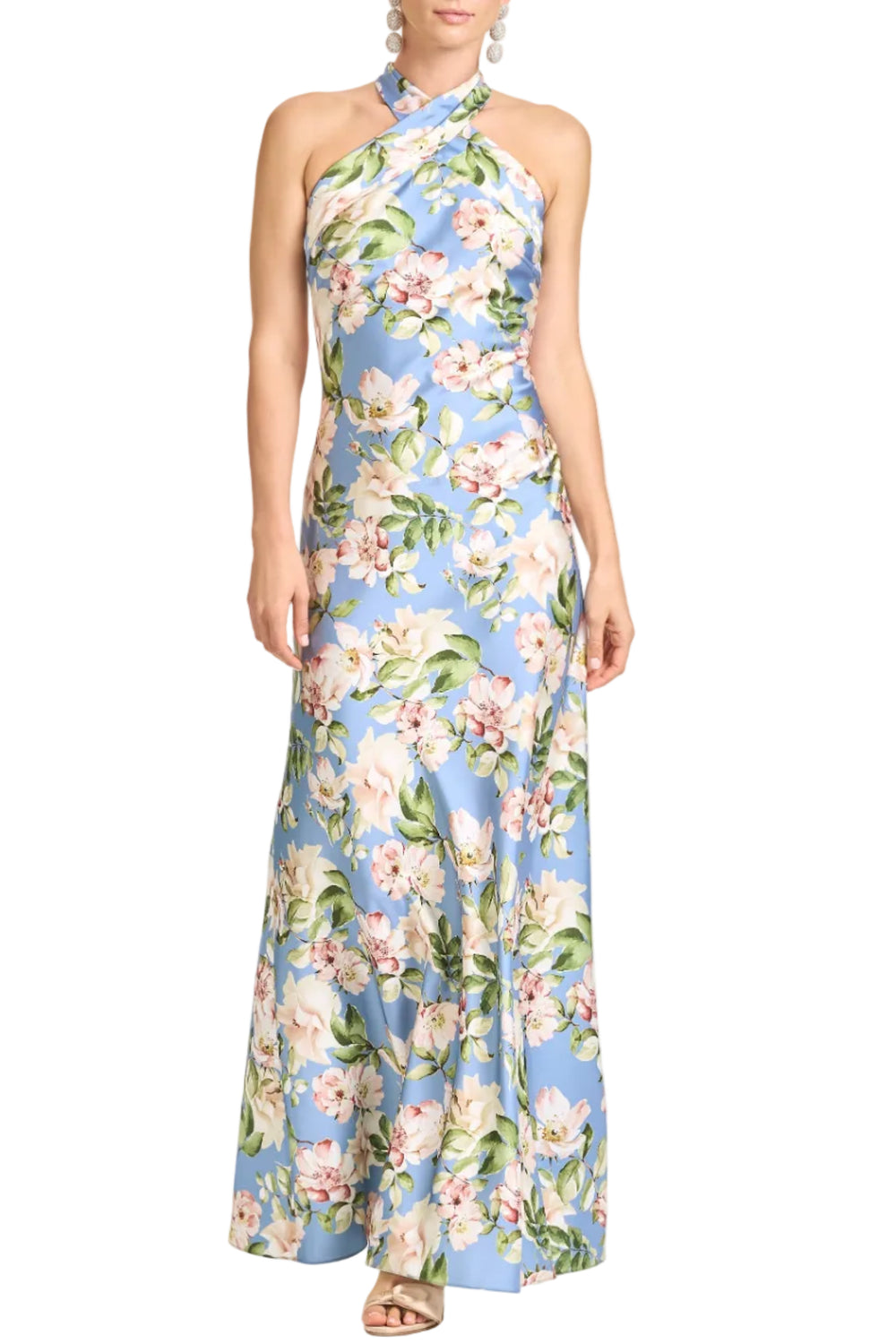 Front view of Laurant gown in Twilight Camellias with crossed halter neckline and floral satin crepe on white background