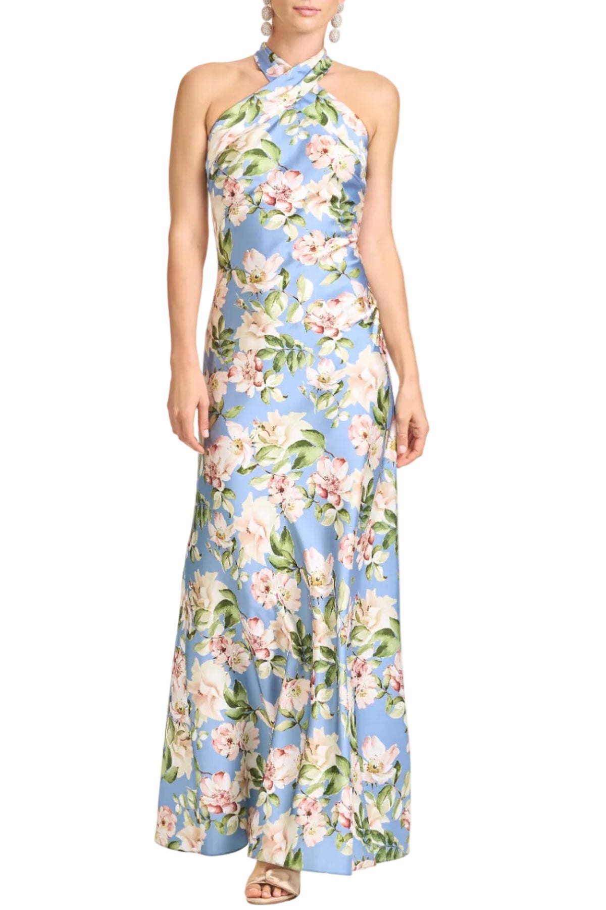 Front view of Laurant gown in Twilight Camellias with crossed halter neckline and floral satin crepe on white background
