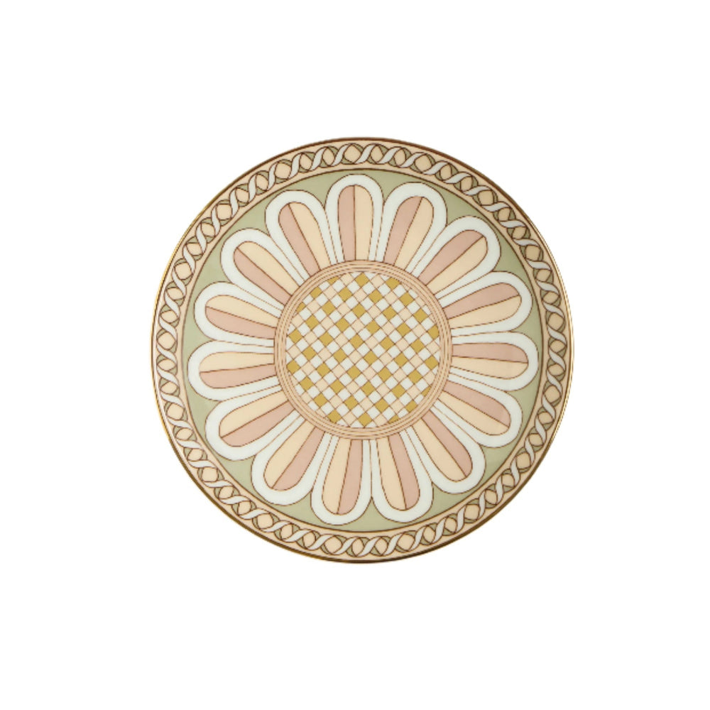 Top view of side plate in Napoli dusty pink showcasing Napoli print and hand-painted 18K gold rim on white background