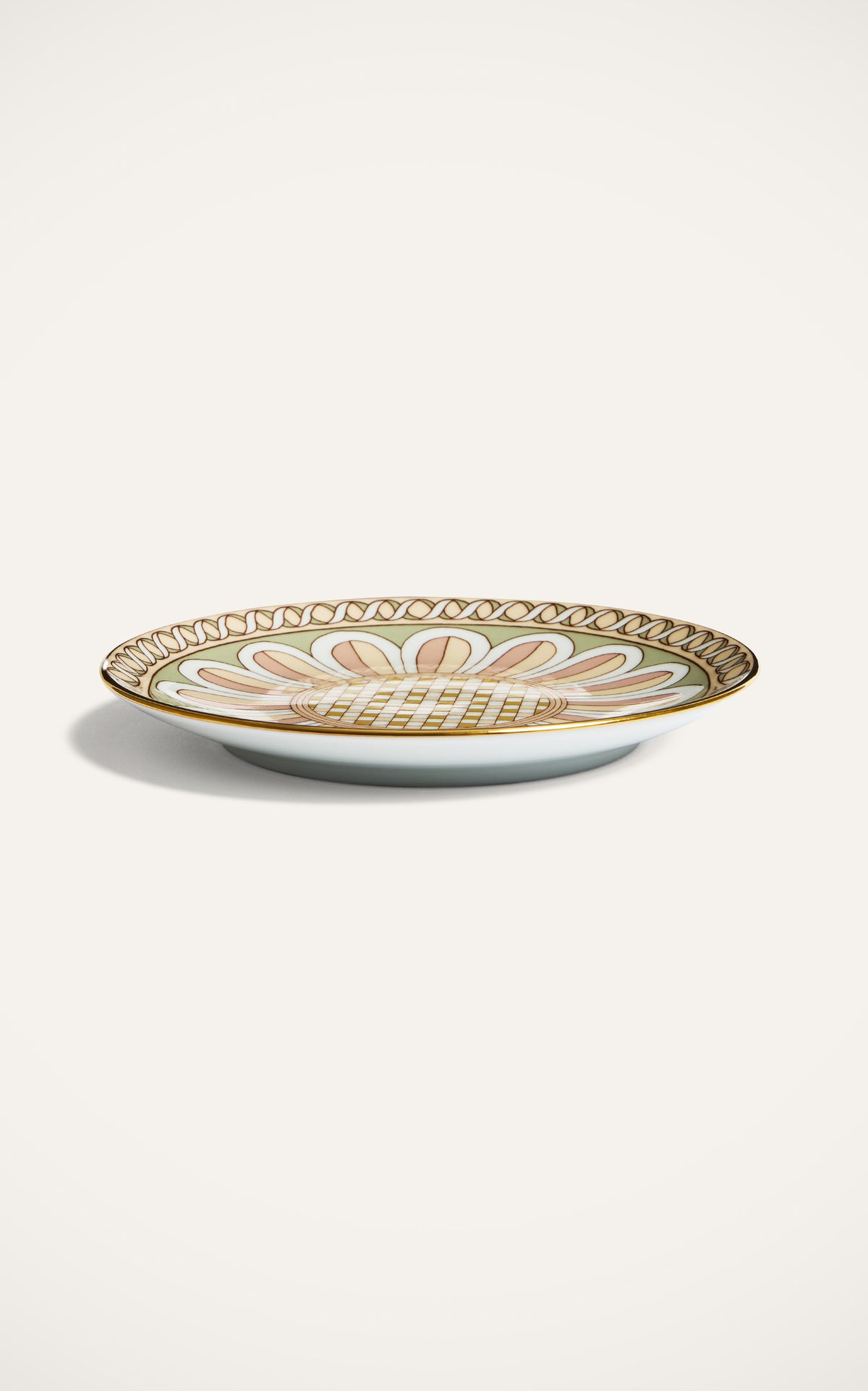 Angled view of Side Plate in Napoli Dusty Pink showcasing Napoli print and hand-painted 18K gold rim on white background