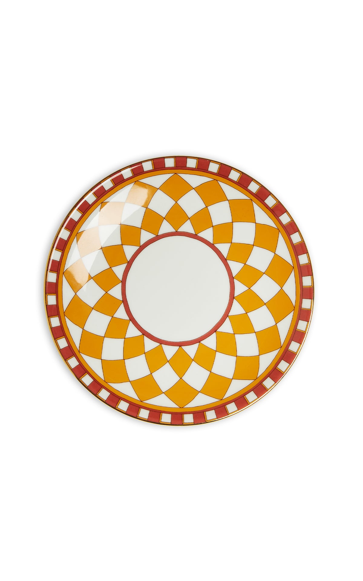 Top view of Side Plates in Apollo Yellow, Set of 2 showing geometric pattern and 18K gold rim on white background