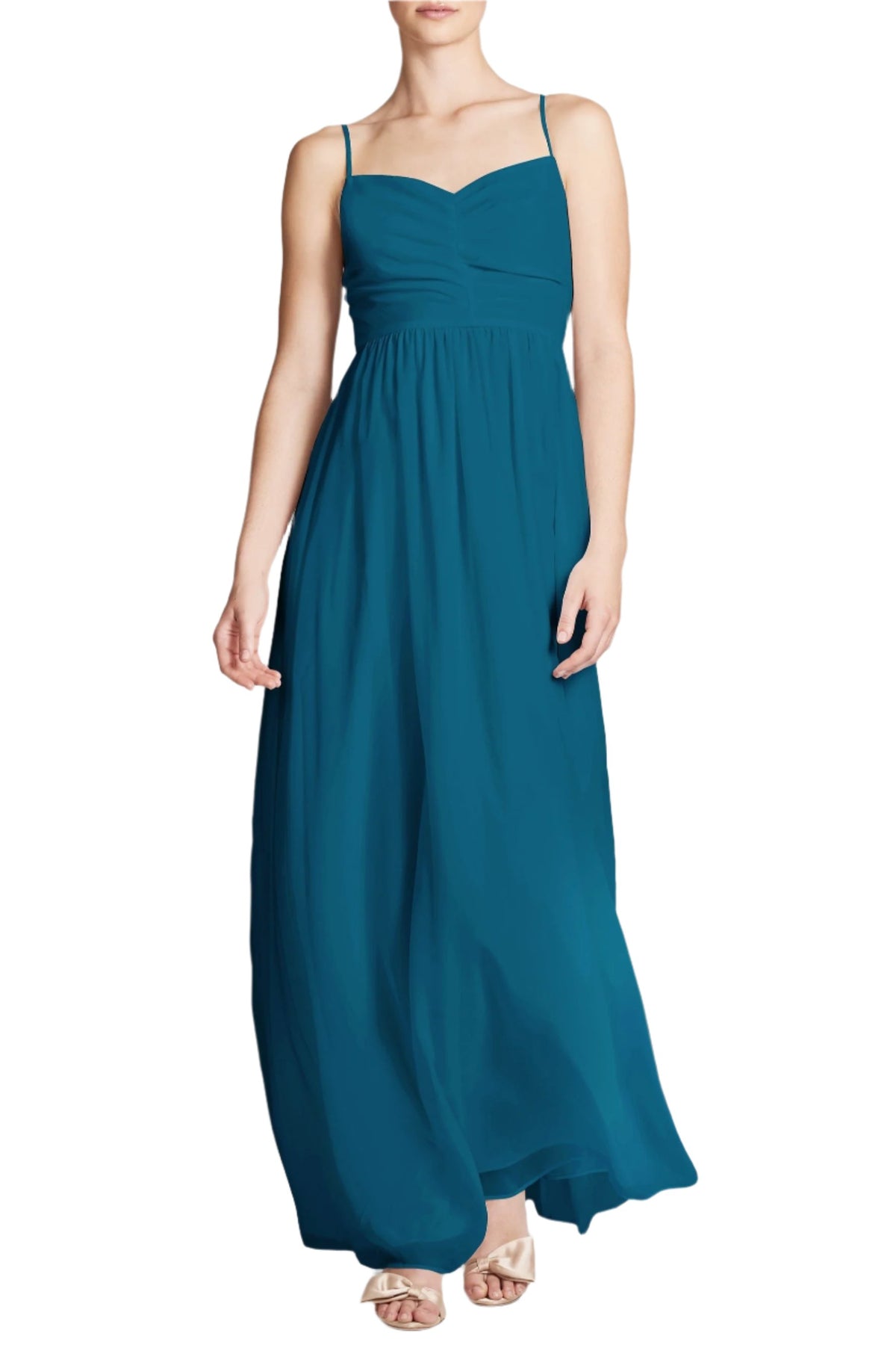 Front view of Sienna Gown in Bottle Green showcasing its subtle V neckline and maxi silhouette on a model against a white background