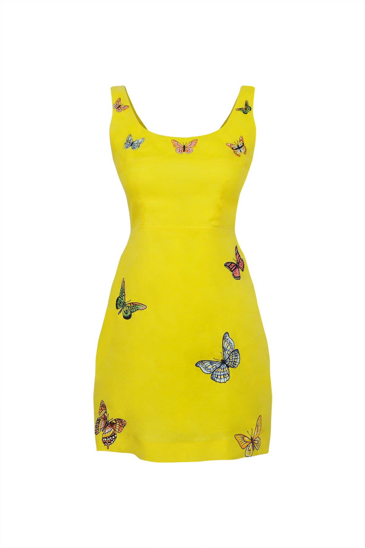 Front view of Simay Dress, bright yellow mini with fitted bodice and butterfly embroidery on white background
