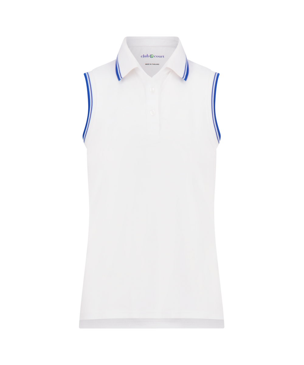 Front view of white sleeveless polo shirt showcasing blue double-stripe collar and armhole trim on plain background