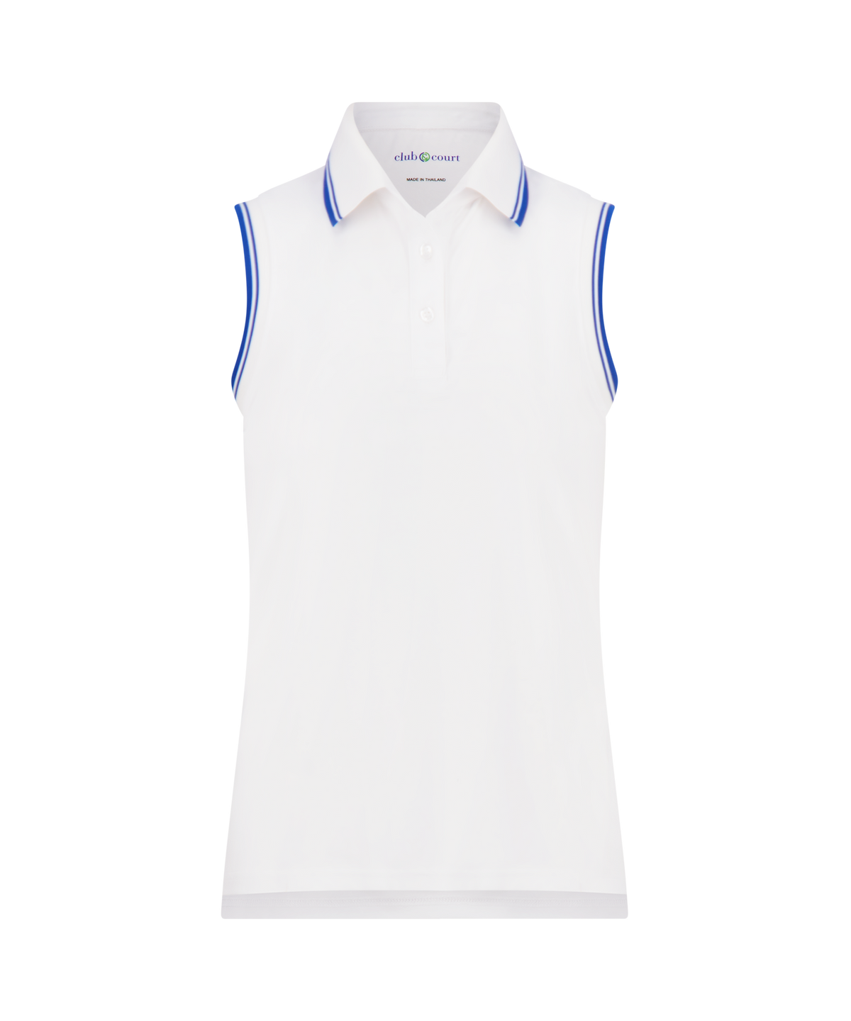 Front view of white sleeveless polo shirt showcasing blue double-stripe collar and armhole trim on plain background