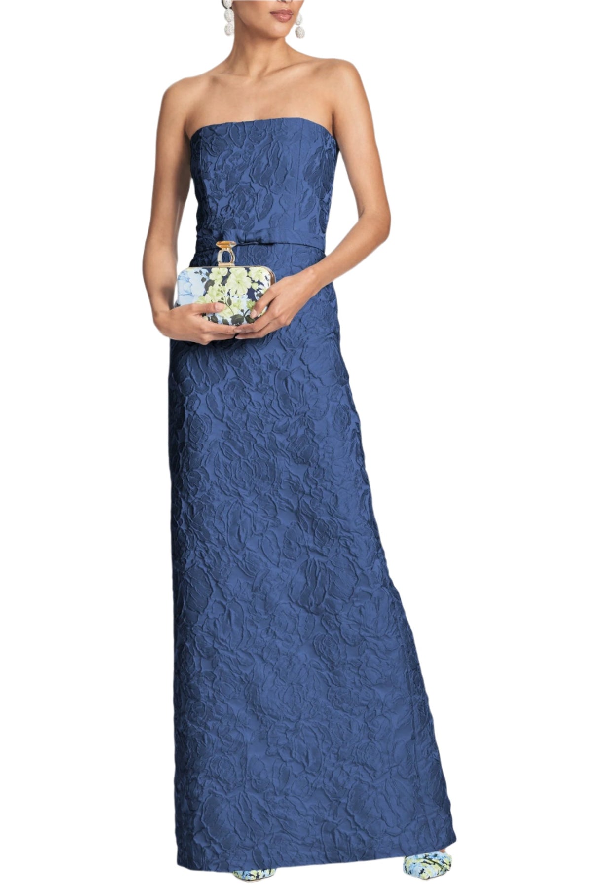 Front view of Sophia Gown in Midnight on model, strapless fitted silhouette with jacquard floral texture on white background