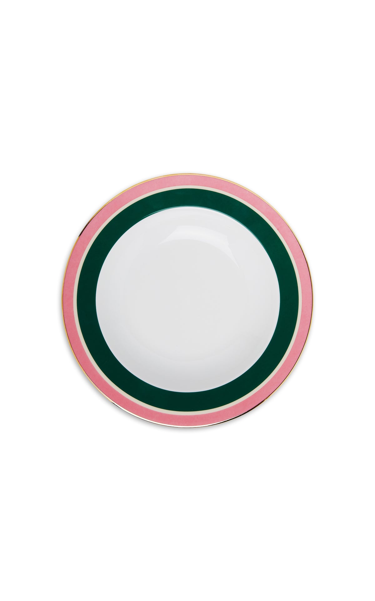 Top view of Soup Plates in Rainbow Verde Bosco Dark Green, Set of 2 showcasing pink and dark green rims with gold trim