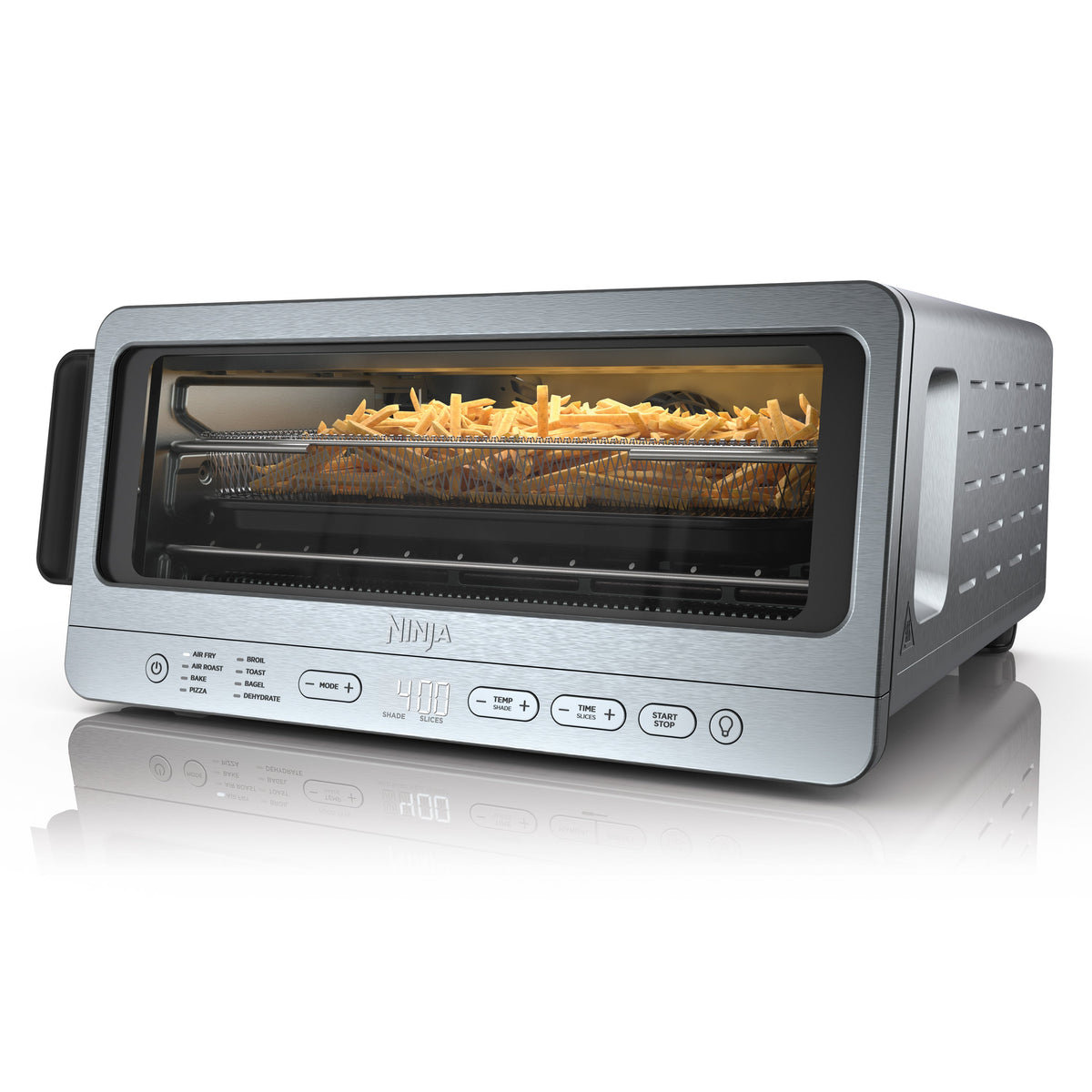 Front three-quarter view of Flip Toaster Oven & Air Fryer showcasing fries in the basket and control panel with white background