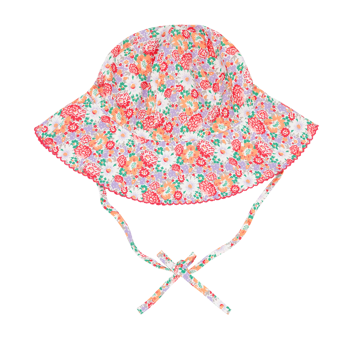 Front view of Baby Island Blossom Sun Hat showcasing floral print, wide brim, and chin ties on white background