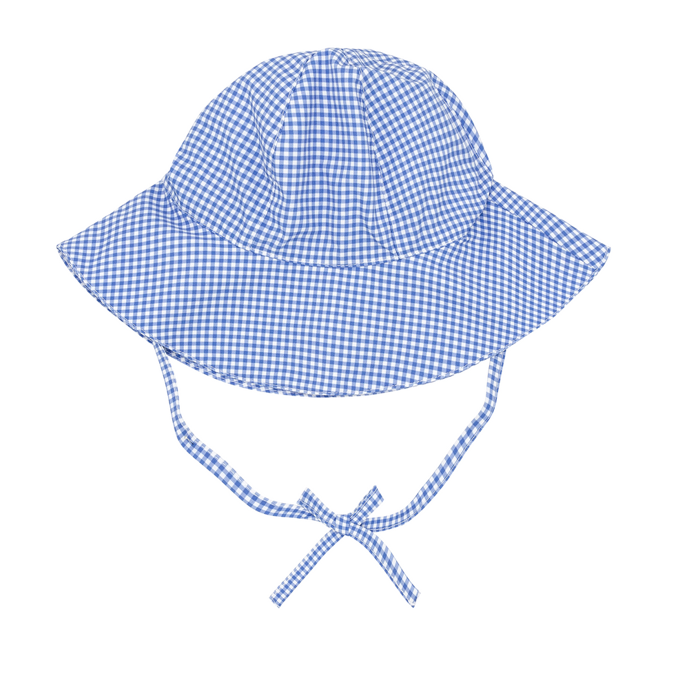 Front view of Baby Sky Blue Gingham Sun Hat showcasing large brim and chin ties on white background
