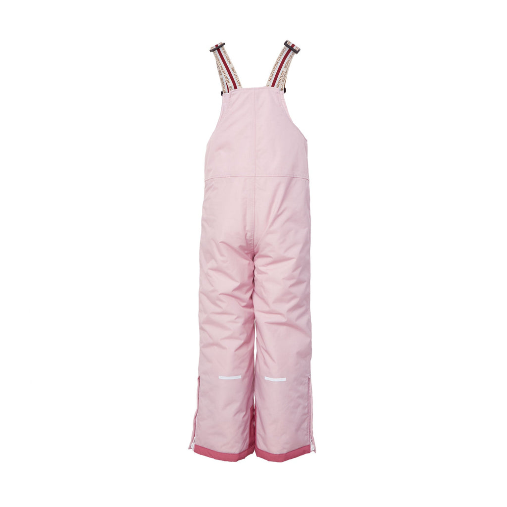 Kids light pink snow bib pants with adjustable straps, waterproof fabric, and reinforced knees for winter play and ski for girls