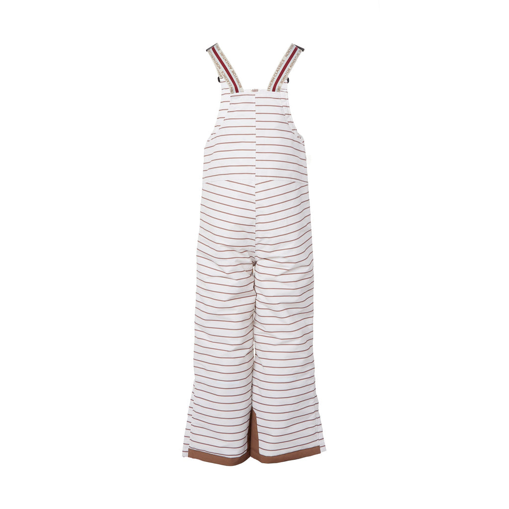 Kids striped brown and white snow bib pants with adjustable straps, waterproof fabric, and reinforced knees for winter play