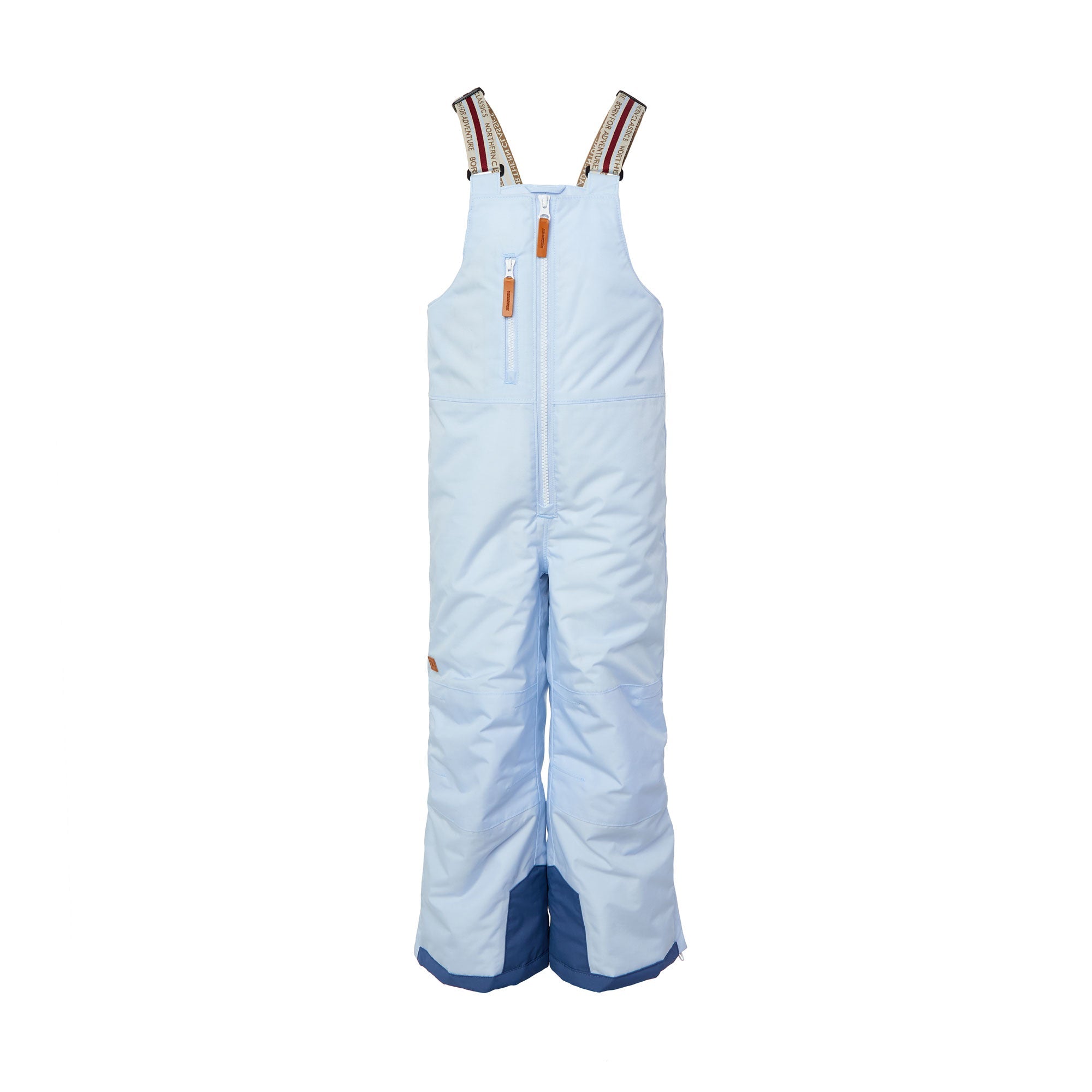 Kids light blue snow bib pants with adjustable straps, waterproof fabric, and reinforced knees for winter play and ski