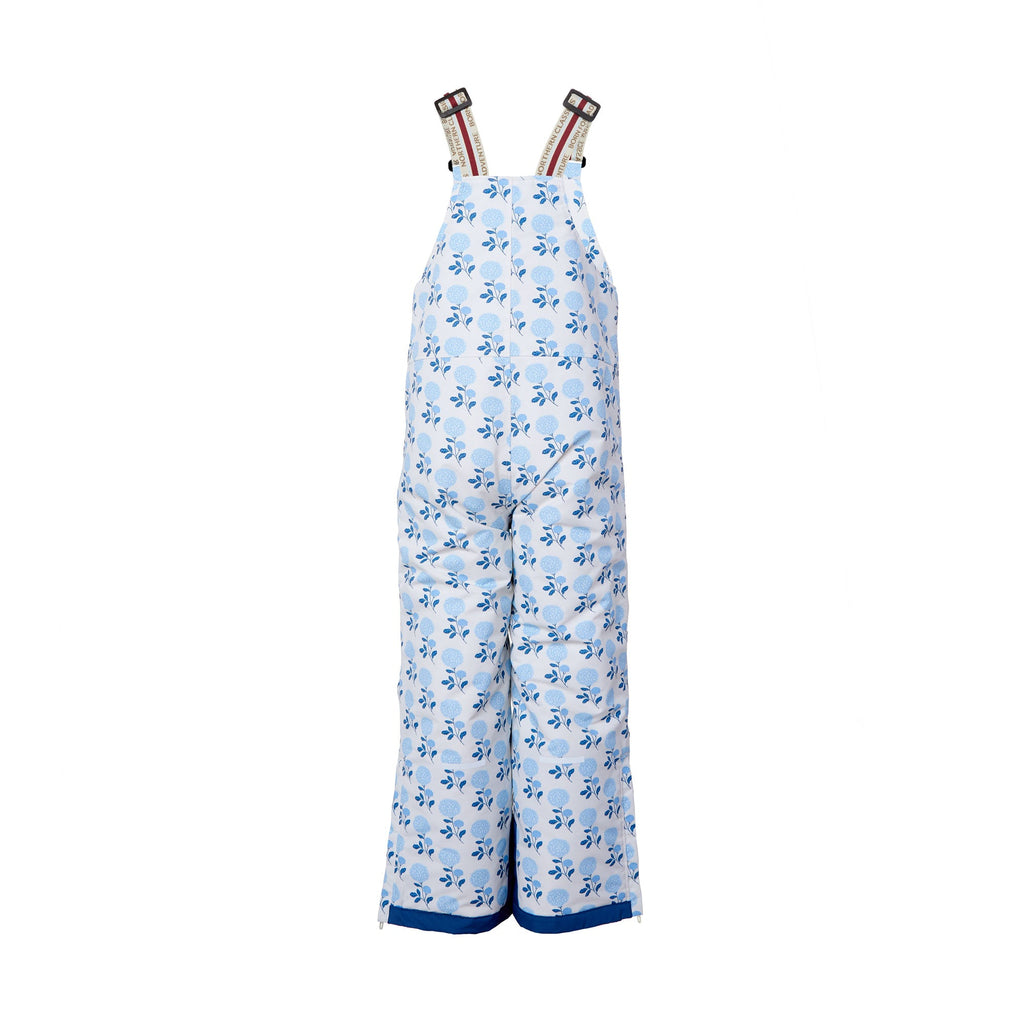 Kids blue floral snow bib pants with adjustable straps, waterproof fabric, and reinforced knees for winter play and ski for girls