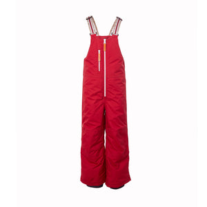 Kids red snow bib pants with adjustable straps, waterproof fabric, and reinforced knees for winter play and ski