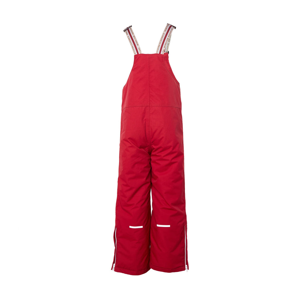 Kids red snow bib pants with adjustable straps, waterproof fabric, and reinforced knees for winter play and ski