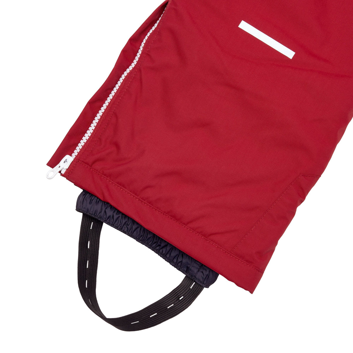 Kids red snow bib pants with adjustable straps, waterproof fabric, and reinforced knees for winter play and ski