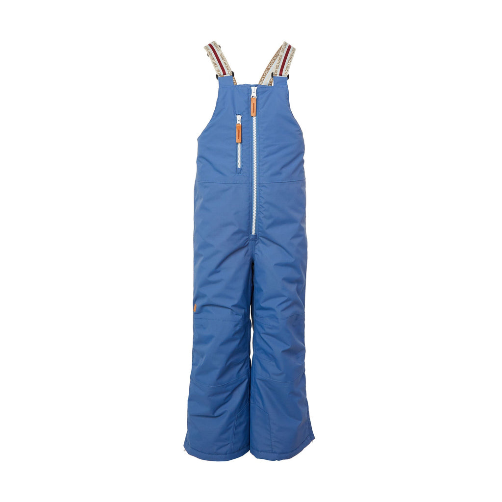 Kids blue snow bib pants with adjustable straps, waterproof fabric, and reinforced knees for winter play.