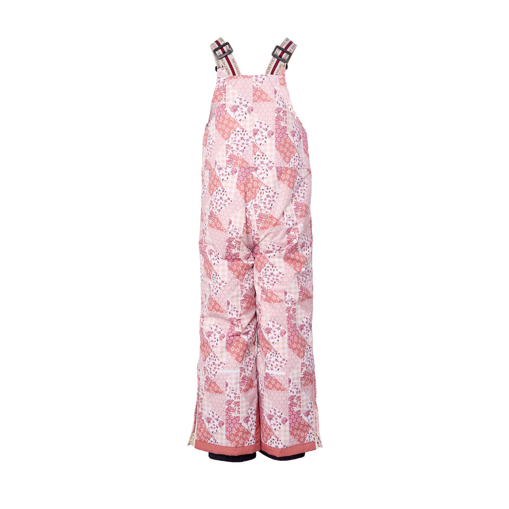 Kids light pink patchwork snow bib pants with adjustable straps, waterproof fabric, and reinforced knees for winter play and ski for girls