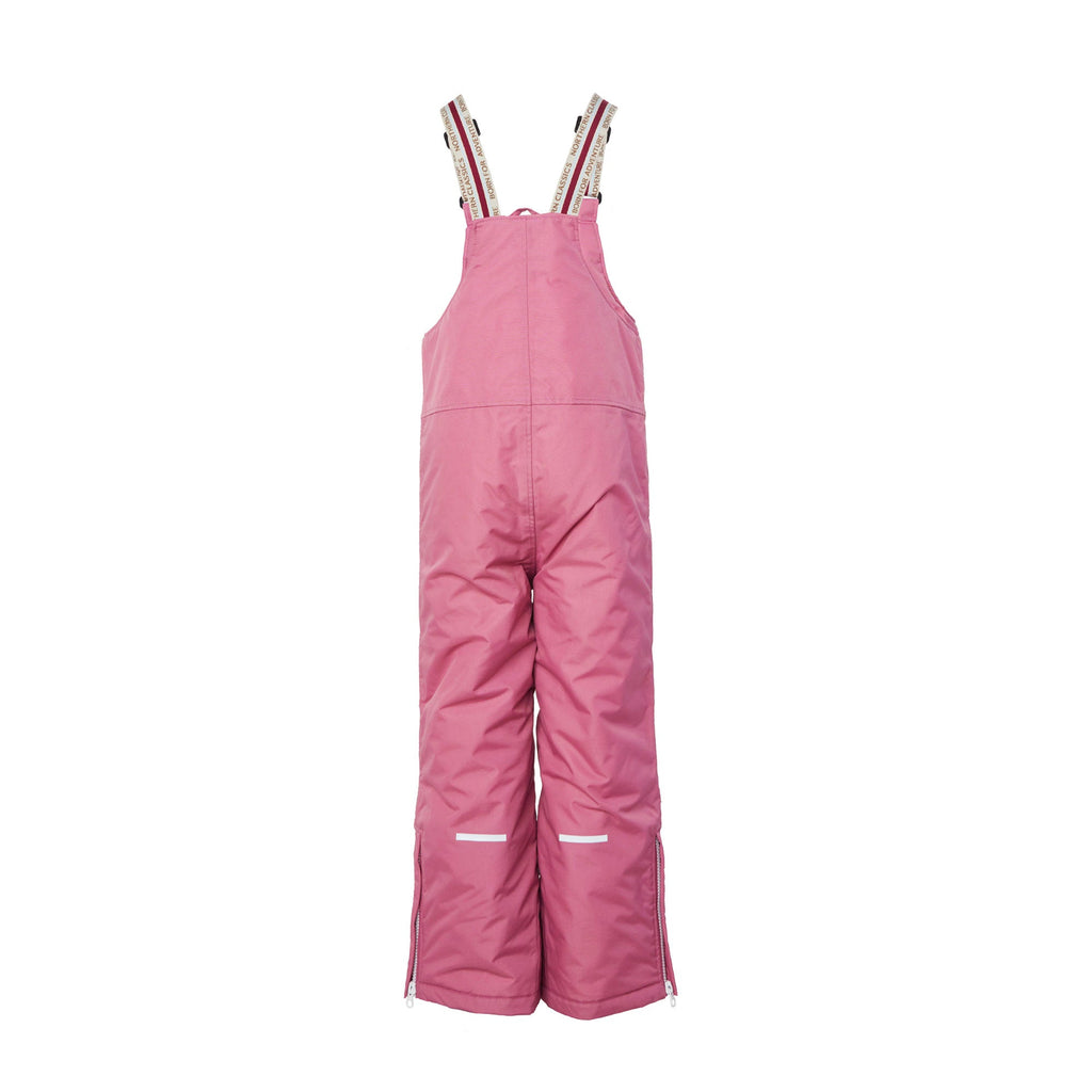 Kids pink snow bib pants with adjustable straps, waterproof fabric, and reinforced knees for winter play and ski for girls