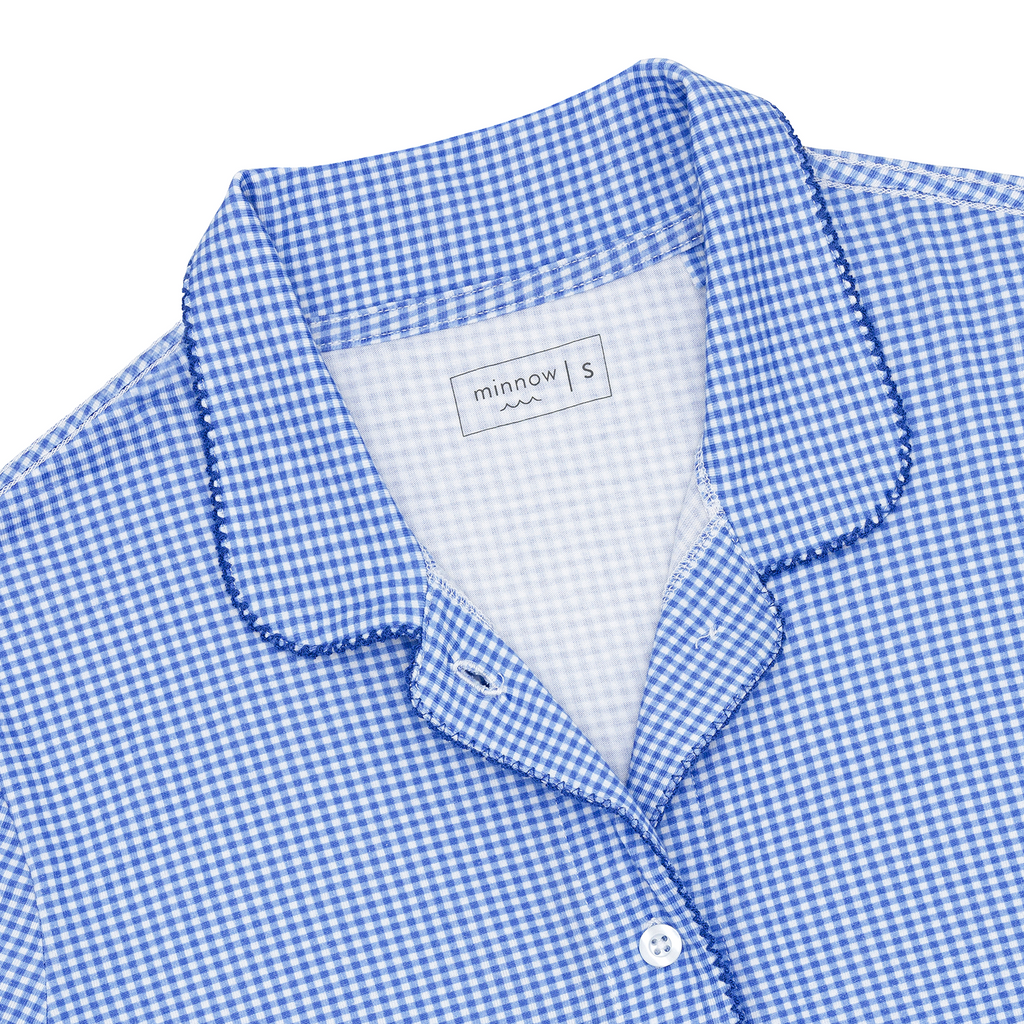 Women's Sky Blue Gingham Collared Shirt And Short Pima Pajamas Set