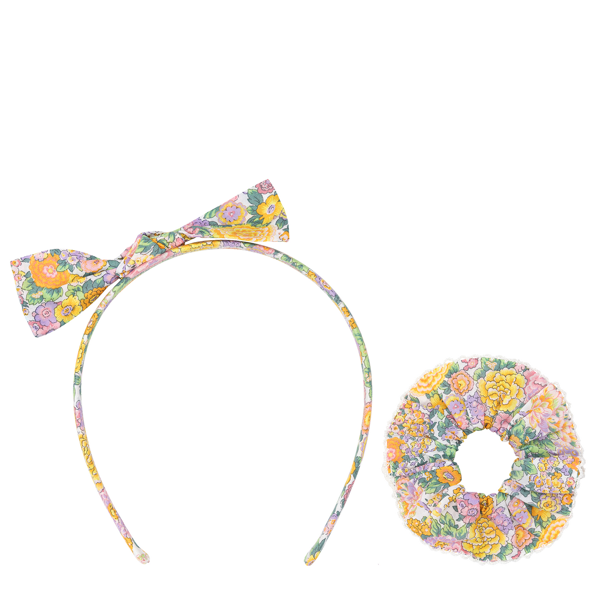 Front view of Girls Headband and Scrunchie Pack in Elysian Day showcasing floral Liberty fabric on a white background