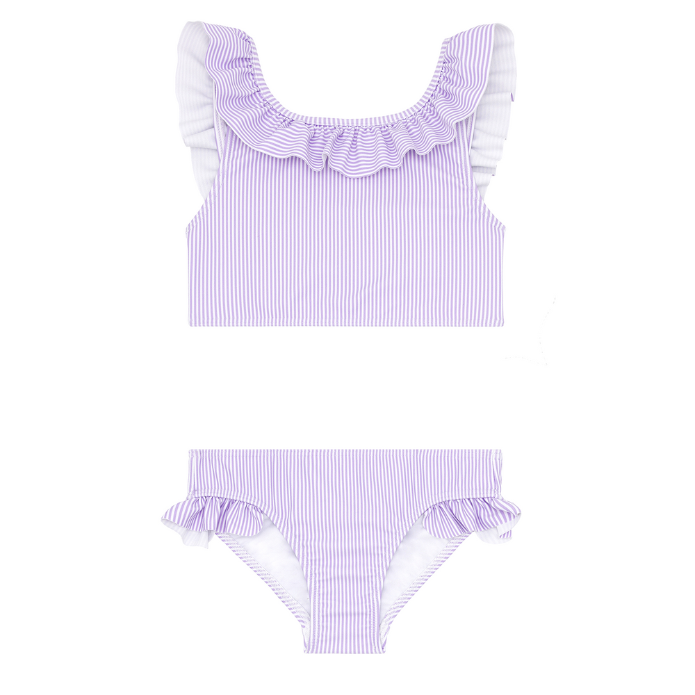 Front view of Girls Lavender Stripe Ruffle Neck Bikini showcasing feminine neck and strap ruffles with a white background
