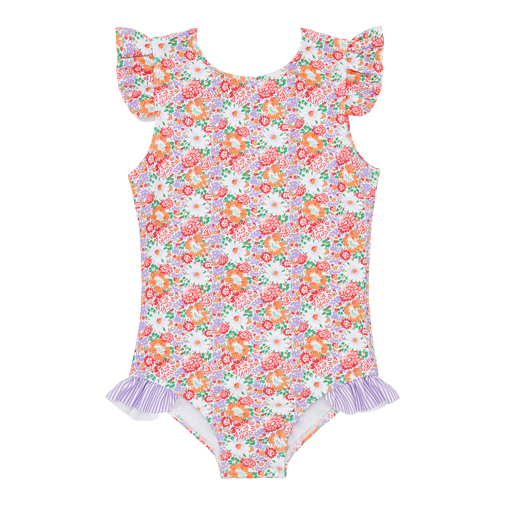 Front view of Girls Island Blossom Ruffle Cap Sleeve Rashguard One Piece with floral print, bow, and ruffle hip detail