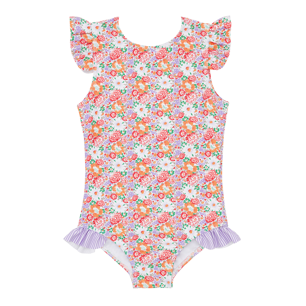 Front view of Girls Island Blossom Ruffle Cap Sleeve Rashguard One Piece with floral print, bow, and ruffle hip detail