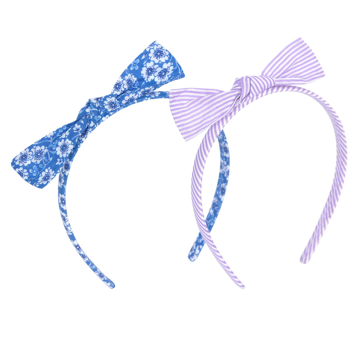 Front view of Girls Headband Set in Rosebay and Lavender Stripe showcasing floral and striped bows on white background