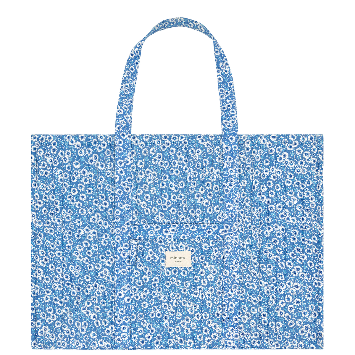 Front view of Rosebay Overnighter Tote showcasing blue floral quilted fabric and long carry handles on a white background