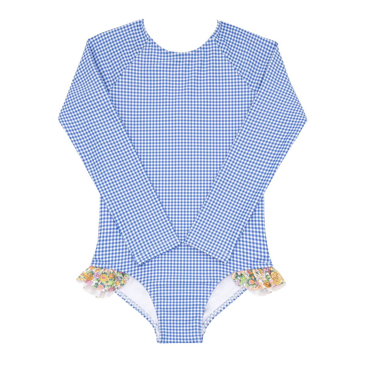 Front view of Girls Sky Blue Gingham Rashguard One Piece showcasing long sleeves and ruffle hip detail against a white background
