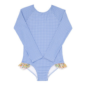 Girls Sky Blue Gingham Rashguard One Piece