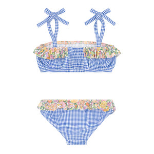 Girls Sky Blue Gingham Bandeau Tie Strap Bikini