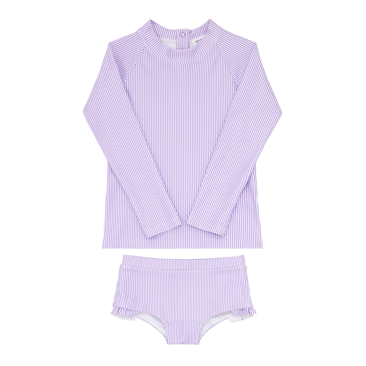 Front view of the Girls Lavender Stripe Rashguard Set showcasing long sleeves and ruffle-hem shorts on a white background
