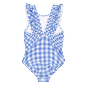 Girls Sky Blue Gingham Ruffle One Piece