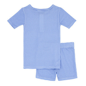 Unisex Sky Blue Gingham Shirt And Short Pima Pajamas Set