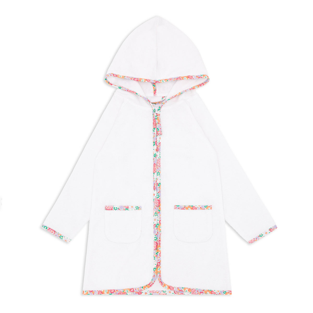 Unisex White French Terry Hooded Zipper Coverup With Island Blossom Trim