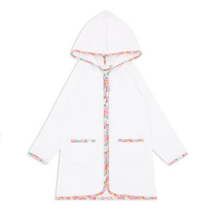 Unisex White French Terry Hooded Zipper Coverup With Island Blossom Trim