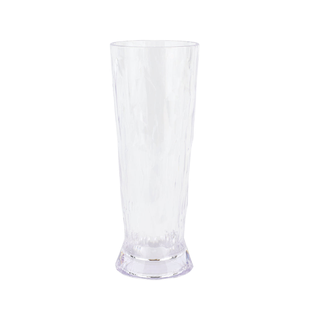 Front view of Superglass beer glass showcasing tall tapered shape and textured clear finish on white background