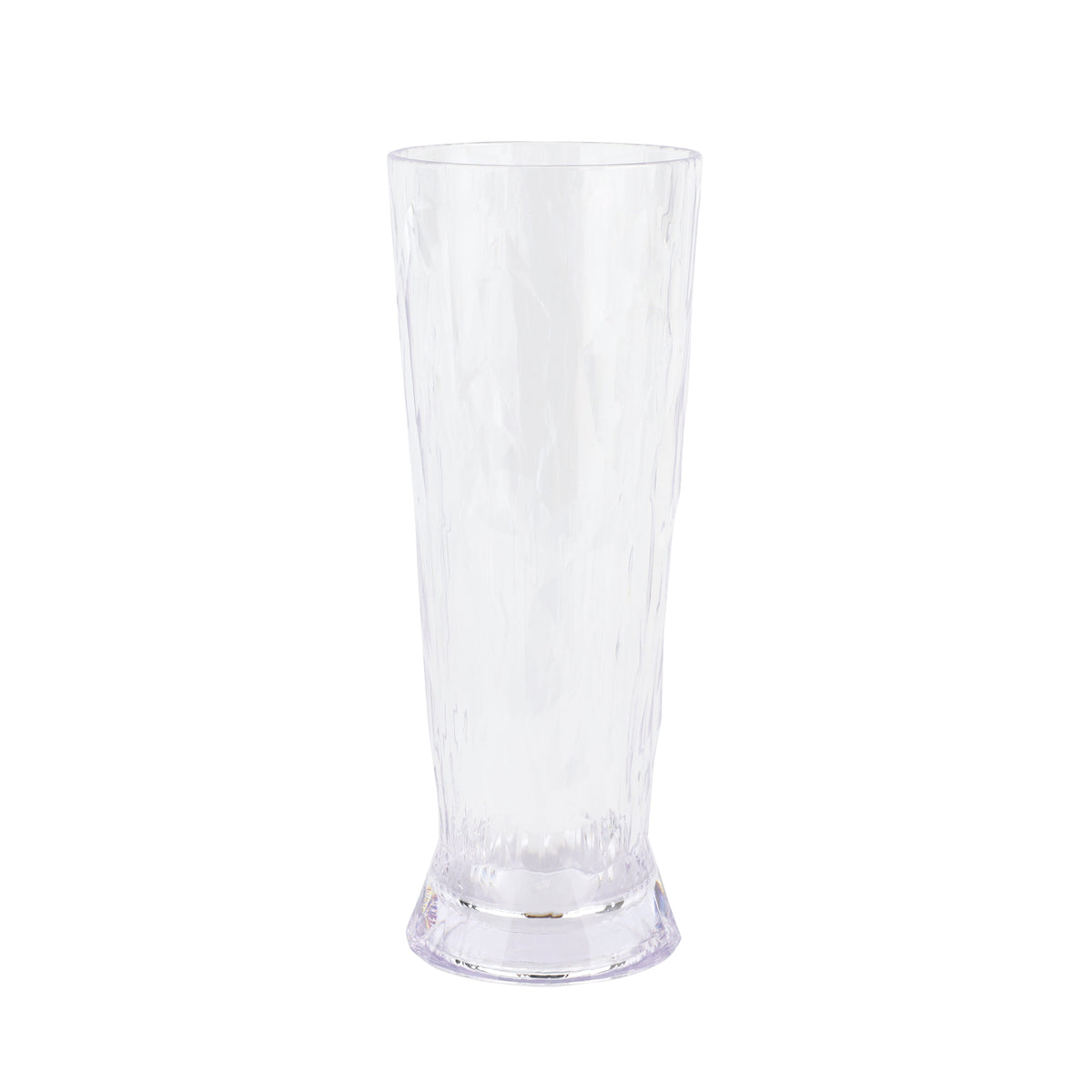 Front view of Superglass beer glass showcasing tall tapered shape and textured clear finish on white background