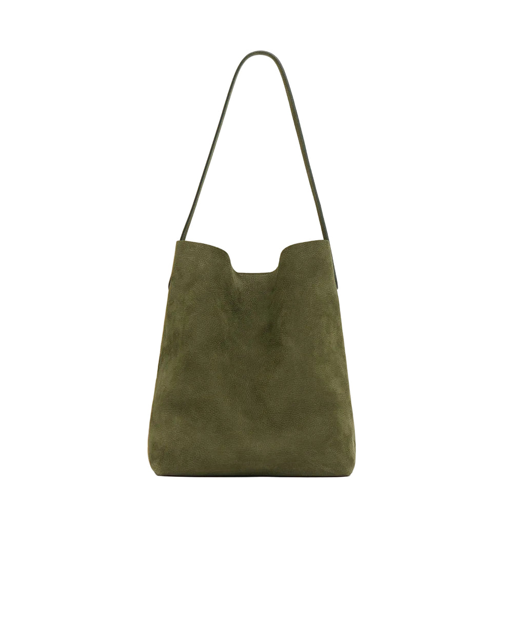 Front view of Everyday Cabas tote in algae showcasing slouchy Italian nubuck leather and elongated shoulder strap on white background